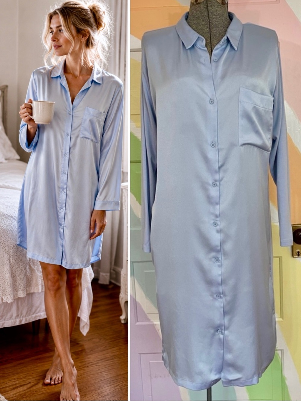 Pluto Luxury Belgian Baby Blue Satin & Modal Sleep Shirt Nightgown 42/L 💛🎀
